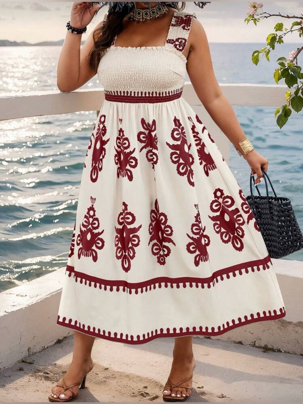 SHEIN, Women’s Cream and Burgundy Maxi dress - Size 4XL